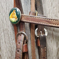 Harness Leather Headstall, Snaps, Vintage Glass Conchos *vgc, mnr scrapes, stains & rubs *Throatlatch: xc, clean, rubs/scrapes