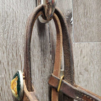 Harness Leather Headstall, Snaps, Vintage Glass Conchos *vgc, mnr scrapes, stains & rubs *Throatlatch: xc, clean, rubs/scrapes
