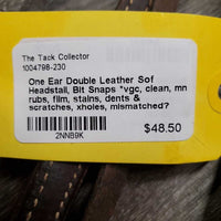 One Ear Double Leather Sof Headstall, Bit Snaps *vgc, clean, mnr rubs, film, stains, dents & scratches, xholes, mismatched? throat
