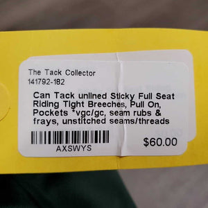 unlined Sticky Full Seat Riding Tight Breeches, Pull On, Pockets *vgc/gc, seam rubs & frays, unstitched seams/threads