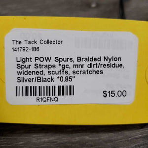Light POW Spurs, Braided Nylon Spur Straps *gc, mnr dirt/residue, widened, scuffs, scratches