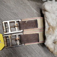 Wide Nylon Web Girth, v.thick Fleece, 2x Els, D Ring *fair, thin/holey edges, rust, clumpy, hay, older
