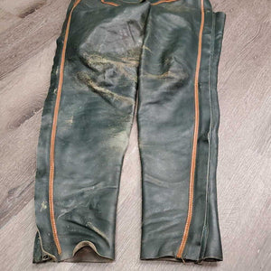 Pr Full Smooth Leather Chaps *gc/fair, v.rubbed, threads, older, scrapes, curled top edge, thin spots, ADJUSTED/taken in