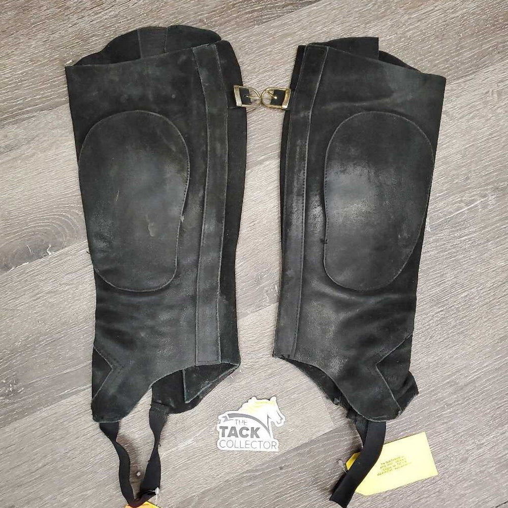 Suede Half Chaps, velcro, top & bottom buckles *gc,/fair, rubs, faded, threads, stains, mnr undone stitching, v.stretched elastic