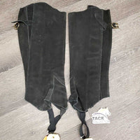 Suede Half Chaps, velcro, top & bottom buckles *gc,/fair, rubs, faded, threads, stains, mnr undone stitching, v.stretched elastic
