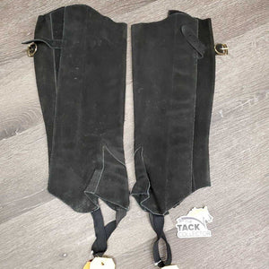 Suede Half Chaps, velcro, top & bottom buckles *gc,/fair, rubs, faded, threads, stains, mnr undone stitching, v.stretched elastic