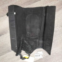 Suede Half Chaps, velcro, top & bottom buckles *gc,/fair, rubs, faded, threads, stains, mnr undone stitching, v.stretched elastic