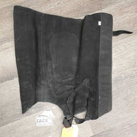 Suede Half Chaps, velcro, top & bottom buckles *gc,/fair, rubs, faded, threads, stains, mnr undone stitching, v.stretched elastic