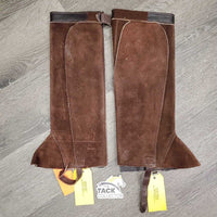 Thick Suede Half Chaps, velcro, velcro top, buckle bottom *xc, mnr rubs, hair & shavings?, older
