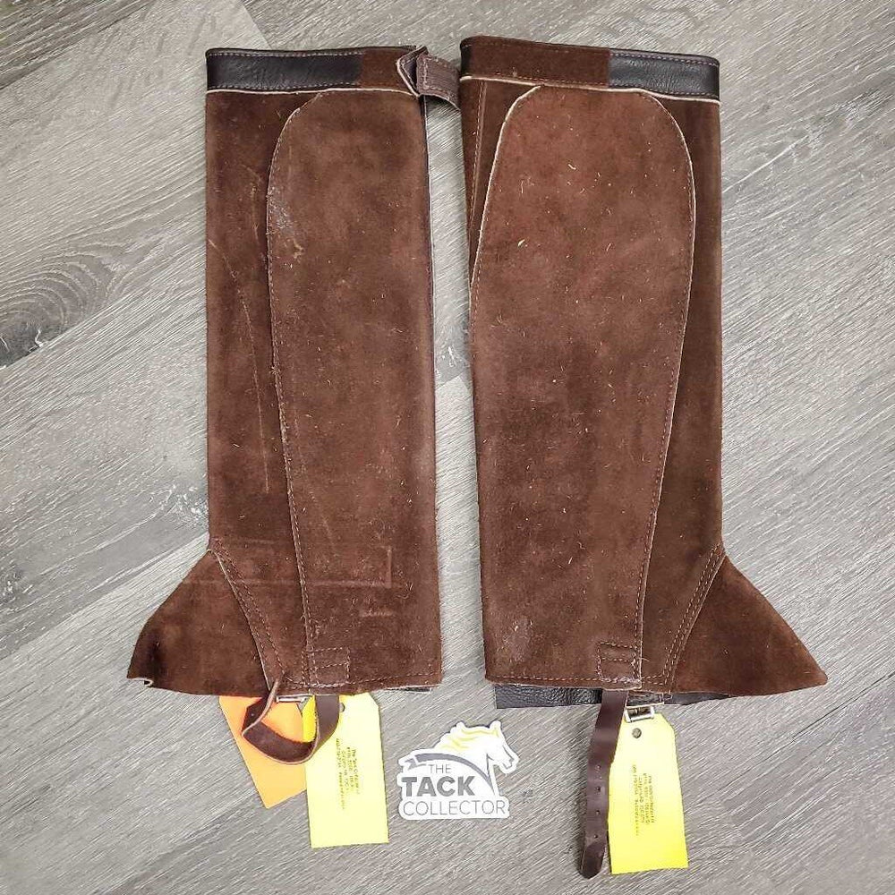 Thick Suede Half Chaps, velcro, velcro top, buckle bottom *xc, mnr rubs, hair & shavings?, older
