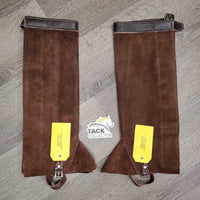 Thick Suede Half Chaps, velcro, velcro top, buckle bottom *xc, mnr rubs, hair & shavings?, older
