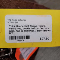 Thick Suede Half Chaps, velcro, velcro top, buckle bottom *xc, mnr rubs, hair & shavings?, older