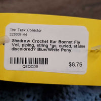 Crochet Ear Bonnet Fly Veil, piping, string *gc, curled, stains, discolored?

