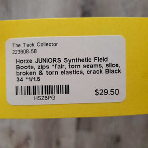 JUNIORS Synthetic Field Boots, zips *fair, torn seams, slice, broken & torn elastics, crack