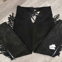 Suede Western Full Chaps, Fringe, Back Concho *vgc/xc, mnr dirt & rubs