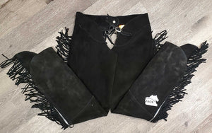 Suede Western Full Chaps, Fringe, Back Concho *vgc/xc, mnr dirt & rubs