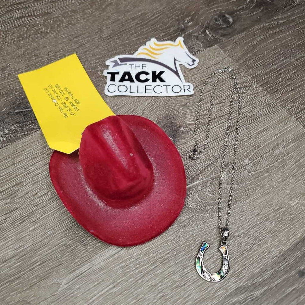 Horse Shoe Necklace, Suede Cowboy Hat Box *vgc, dirty hat