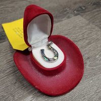 Horse Shoe Necklace, Suede Cowboy Hat Box *vgc, dirty hat
