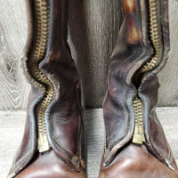 MENS Thick Polo Boots, front zips, top buckle *fair, holey edges, clean & dirty, rubs, faded, scrapes, stains, scratches, peeled soles

