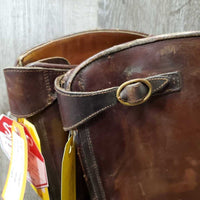 MENS Thick Polo Boots, front zips, top buckle *fair, holey edges, clean & dirty, rubs, faded, scrapes, stains, scratches, peeled soles
