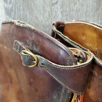 MENS Thick Polo Boots, front zips, top buckle *fair, holey edges, clean & dirty, rubs, faded, scrapes, stains, scratches, peeled soles
