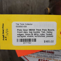 MENS Thick Polo Boots, front zips, top buckle *fair, holey edges, clean & dirty, rubs, faded, scrapes, stains, scratches, peeled soles
