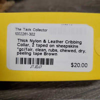 Thick Nylon & Leather Cribbing Collar, 2 taped on sheepskins *gc/fair, clean, rubs, chewed, dry, peeling tape

