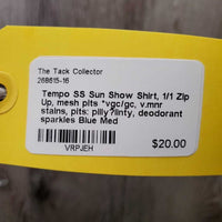 SS Sun Show Shirt, 1/1 Zip Up, mesh pits *vgc/gc, v.mnr stains, pits: pilly?linty, deodorant sparkles