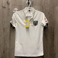 SS Show Polo Shirt, 1/4 button, attached snap collar *gc, dingy, puckered, collar stains, pilly cuffs, loose thread

