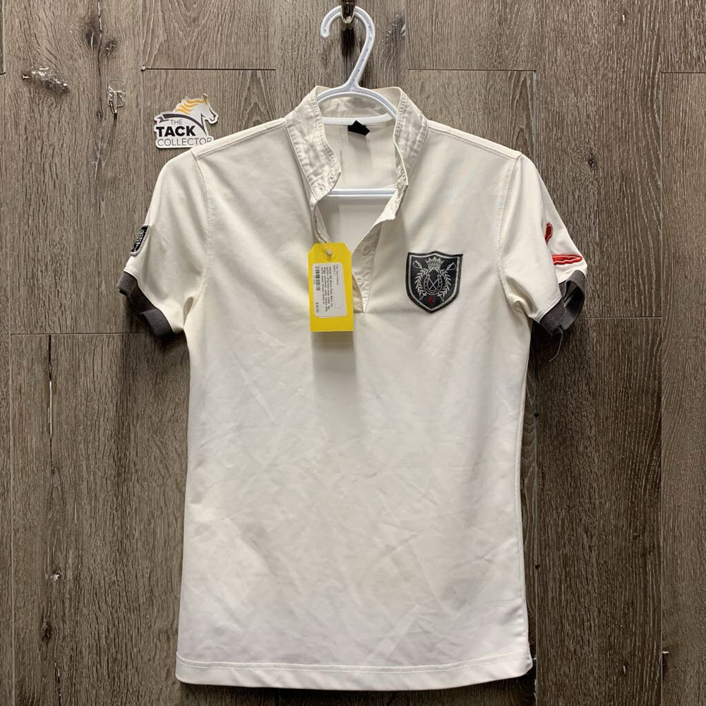 SS Show Polo Shirt, 1/4 button, attached snap collar *gc, dingy, puckered, collar stains, pilly cuffs, loose thread