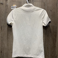 SS Show Polo Shirt, 1/4 button, attached snap collar *gc, dingy, puckered, collar stains, pilly cuffs, loose thread