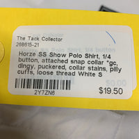 SS Show Polo Shirt, 1/4 button, attached snap collar *gc, dingy, puckered, collar stains, pilly cuffs, loose thread
