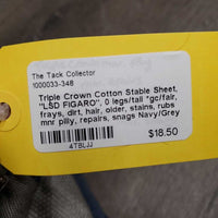 Cotton Stable Sheet, "LSD FIGARO", 0 legs/tail *gc/fair, frays, dirt, hair, older, stains, rubs mnr pilly, repairs, snags
