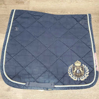 Quilt Dressage Pad, emblem, 2x piping *gc/fair, clean, faded, bleach stain, mnr hair, pilly, edge tear
