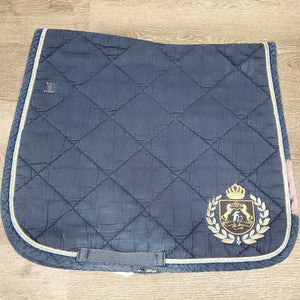Quilt Dressage Pad, emblem, 2x piping *gc/fair, clean, faded, bleach stain, mnr hair, pilly, edge tear