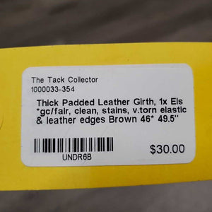 Thick Padded Leather Girth, 1x Els *gc/fair, clean, stains, v.torn elastic & leather edges
