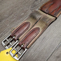 Padded Leather Girth, 1x Elastic *fair, clean, cracks, older, scratches, gouged, hairy seams, torn & frayed elastic, old repair
