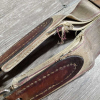 Padded Leather Girth, 1x Elastic *fair, clean, cracks, older, scratches, gouged, hairy seams, torn & frayed elastic, old repair
