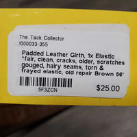 Padded Leather Girth, 1x Elastic *fair, clean, cracks, older, scratches, gouged, hairy seams, torn & frayed elastic, old repair