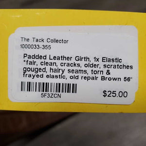 Padded Leather Girth, 1x Elastic *fair, clean, cracks, older, scratches, gouged, hairy seams, torn & frayed elastic, old repair