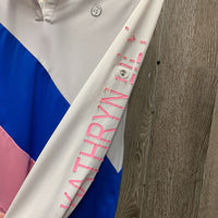 LS Show Shirt, 1/4 Zip up, attached snap collar, Roll up sleeves *fair, dingy, older, snags, rubs, pills, loose threads, peeling logos

