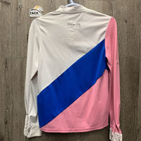 LS Show Shirt, 1/4 Zip up, attached snap collar, Roll up sleeves *fair, dingy, older, snags, rubs, pills, loose threads, peeling logos
