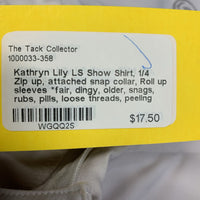 LS Show Shirt, 1/4 Zip up, attached snap collar, Roll up sleeves *fair, dingy, older, snags, rubs, pills, loose threads, peeling logos