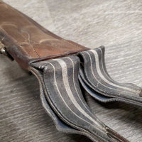 Leather Girth, x2 els *gc/fair, older, stained, hairy seams, elastic: stains, stretched, hard & bent creases
