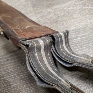 Leather Girth, x2 els *gc/fair, older, stained, hairy seams, elastic: stains, stretched, hard & bent creases