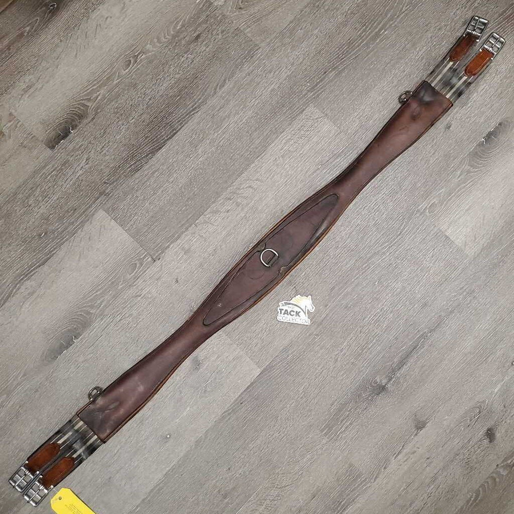 Leather Girth, x2 els *gc/fair, older, stained, hairy seams, elastic: stains, stretched, hard & bent creases
