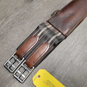 Leather Girth, x2 els *gc/fair, older, stained, hairy seams, elastic: stains, stretched, hard & bent creases