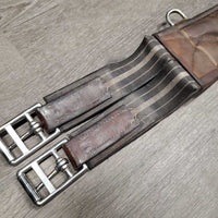 Leather Girth, x2 els *gc/fair, older, stained, hairy seams, elastic: stains, stretched, hard & bent creases

