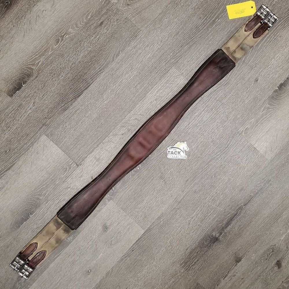 Thick Padded FS Leather Girth, x2 els *gc, clean, hairy seams, stains, dirty, rubs, elastic glue residue