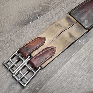 Thick Padded FS Leather Girth, x2 els *gc, clean, hairy seams, stains, dirty, rubs, elastic glue residue
